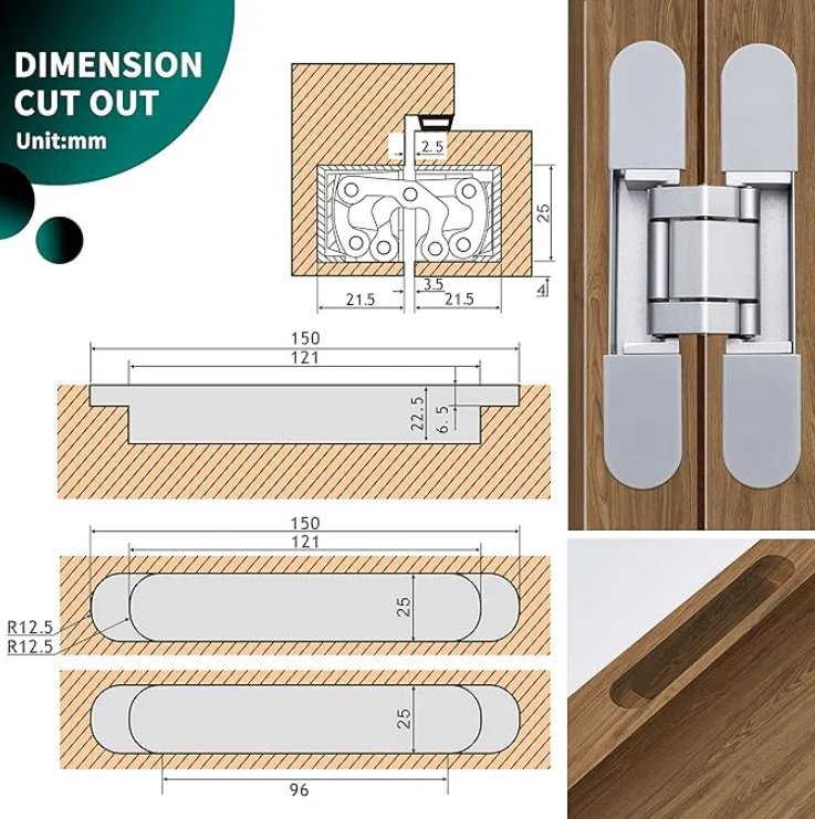 Imagem -04 - Dobradiças de Portas Ocultas Invisíveis Ajustável 3d para Porta Secreta Liga de Zinco Resistente 180 Graus Esconda as Dobradiças