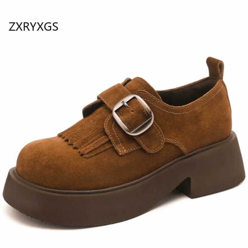 

ZXRYXGS 2026 New Spring Matte Cowhide Real Leather Shoes Woman Fashion Casual Shoes Thick Sole Comfortable Mid Heel Trendy Shoes
