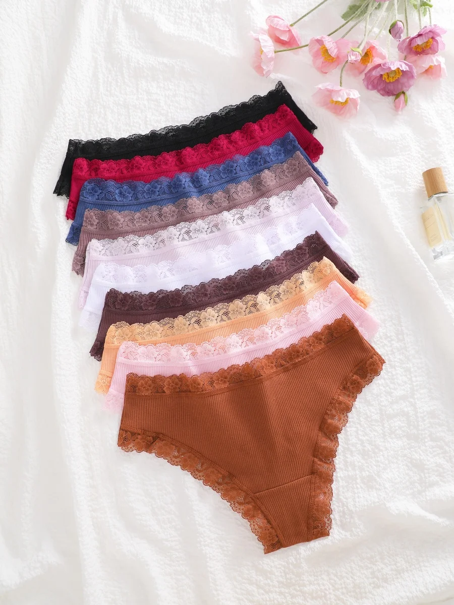 6 Stück/Set Baumwoll-Patchwork-Spitzenhöschen für Damen, einfarbig, atmungsaktiv, niedrige Taille, G-Strings, Unterwäsche, weiche, bequeme Tangas – Detail 5