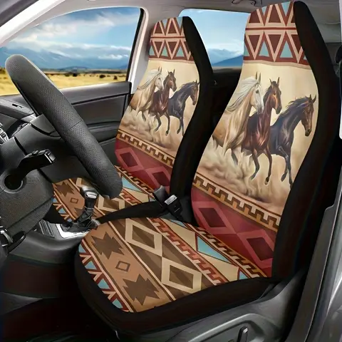 2pcs Western Horse Tribe Aztec Print Car Seat Covers - Fit, Easy Install & Clean, Durable Fabric With Vibrant Galloping Horse &
