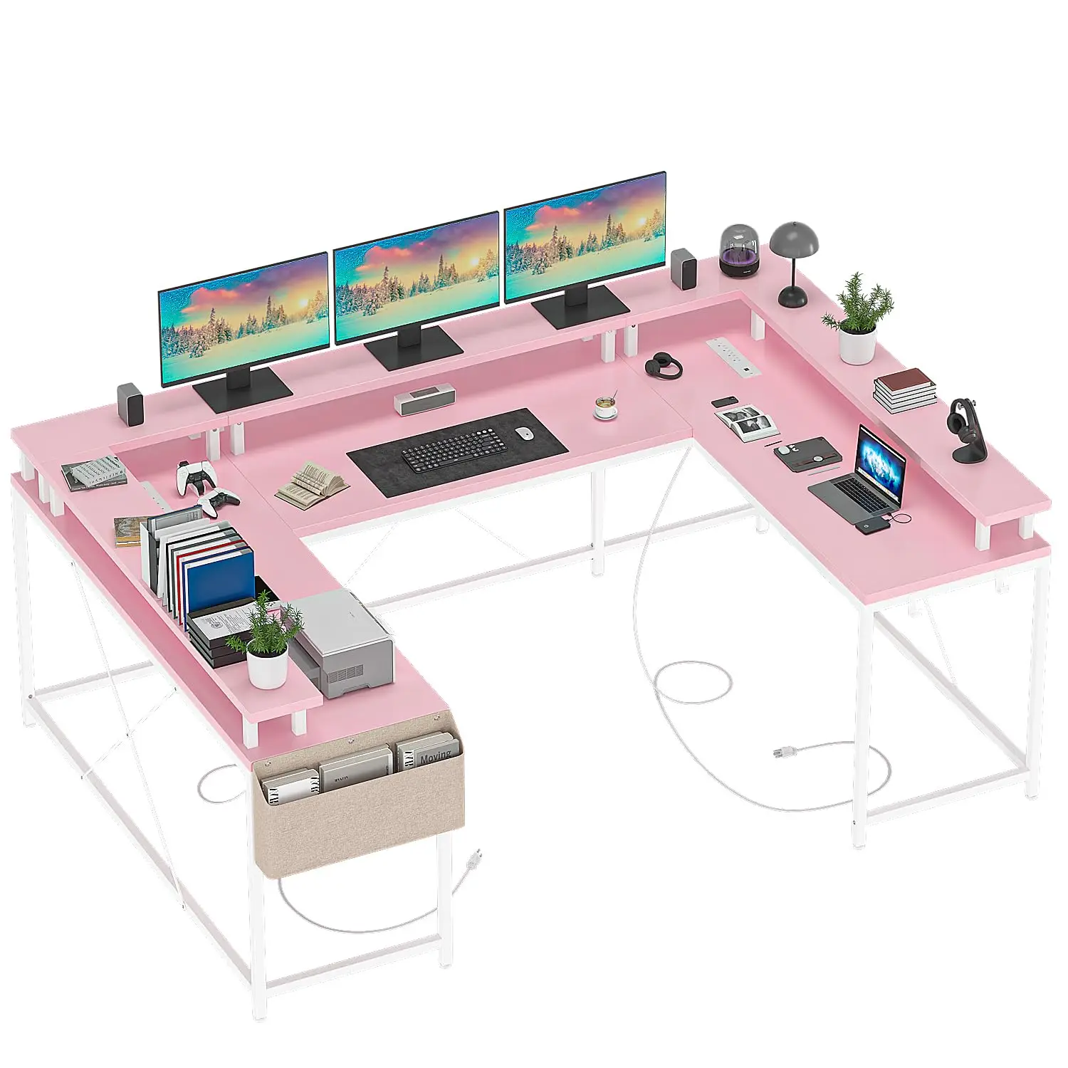 U Shaped Gaming Desk 126 Inch with Monitor Stand & LED Lights, Reversible Desk with Power Outlets Storage Hooks, Pink, Customize