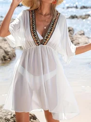 2026 Large Size Beach Cover Up Short Sleeve Short Dress One Piece Swimsuit Women Swimwear Female Bathing Suit Beachwear Swimming