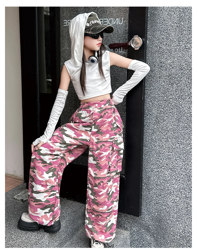 Koreanische Kinder-Cargo-Hose in Rosa Camouflage für Frühling und Herbst, lässige Hose mit elastischem Bund und Taschen für Teenager-Mädchen, Streetwear-Hose für Teenager. – Detail 2