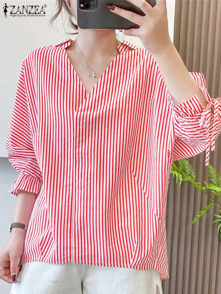 ZANZEA Women Stripe Print Shirt Casual Loose 3/4 Sleeve Blouse 2024 Summer V-neck Thin Tops Vintage Bandage Cuff Office Blusas