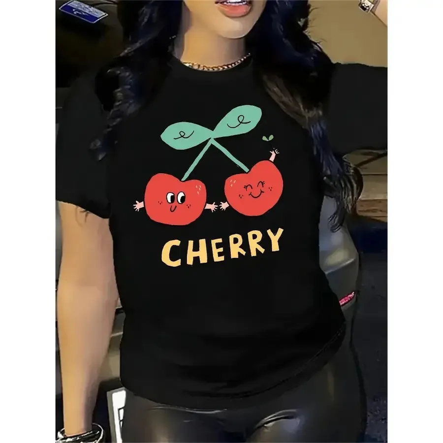 Plus Size Women's cherry series graphic t-shirt - cute cartoon cherries and bold cherry print soft breathable fabric relaxed fi