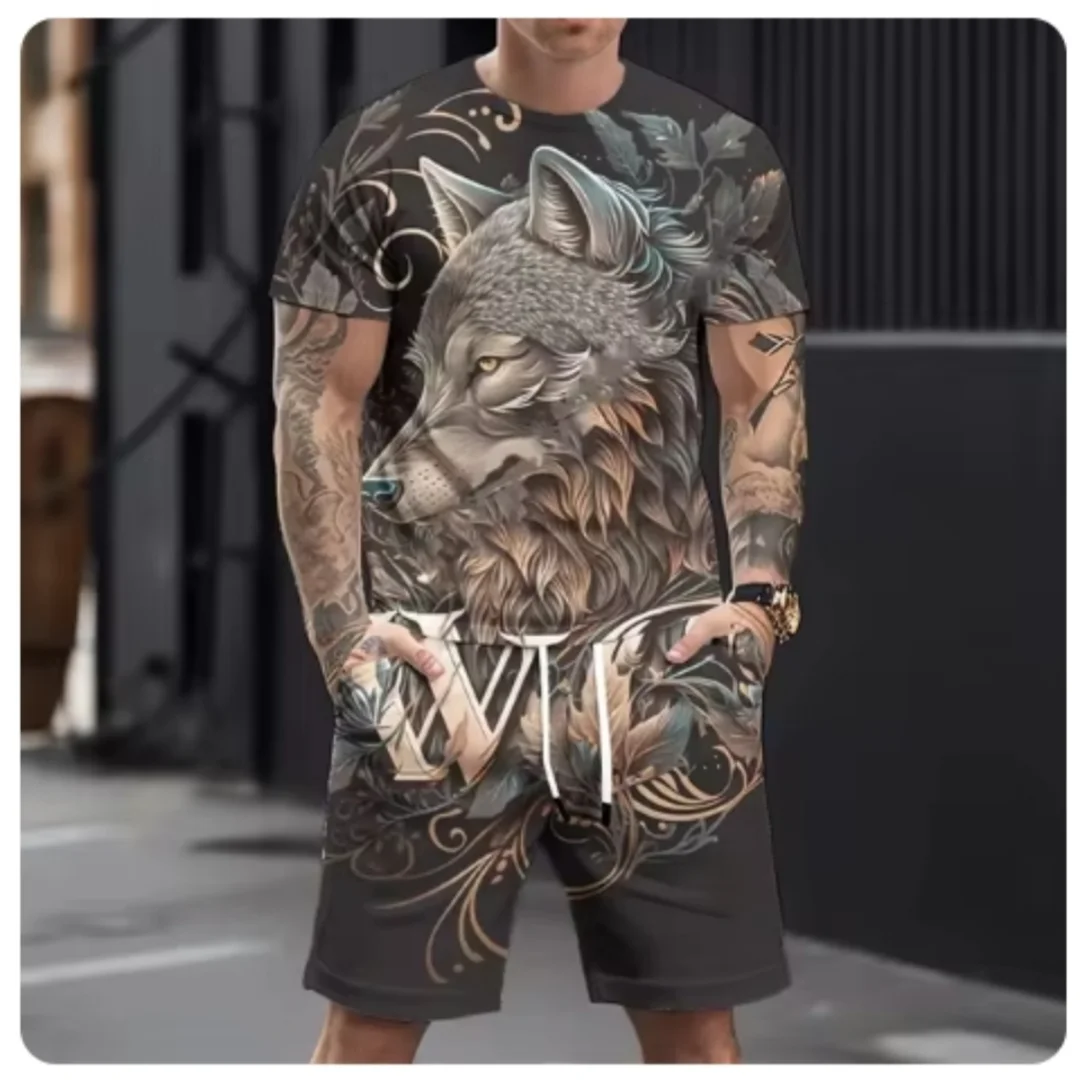 2025 Super Large Loose Men's Top Y2K Style Set, Men's Summer Leisure Breathable Set, Leisure Sports Set, Printed 3D Wolf Pattern