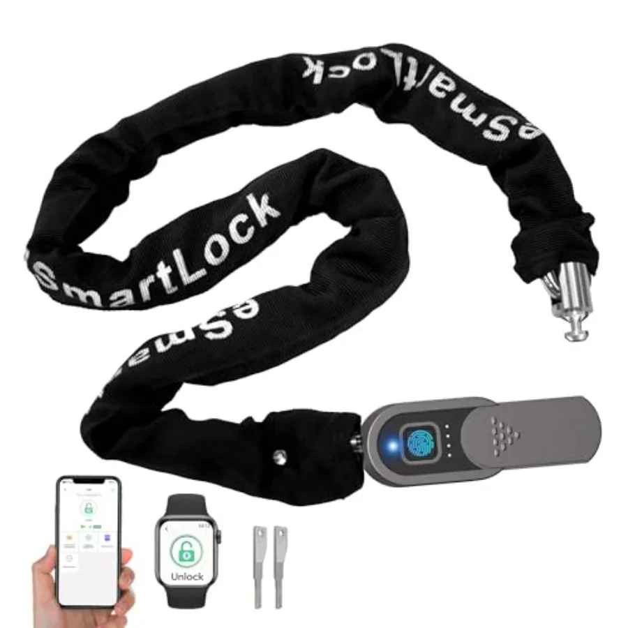 

Fingerprint Bike Chain Lock, Heavy Duty Anti-Theft Weatherproof Bluetooth App Smart Lock for Bicycle, Motorcycle, Scooter, Mope