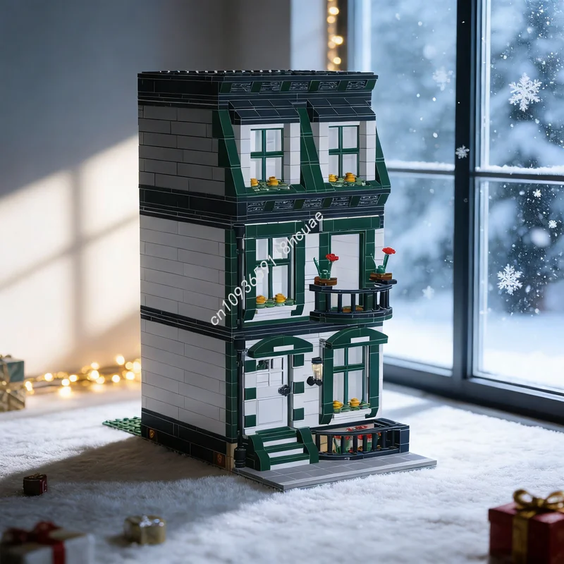 1033 قطعة من مكعبات البناء النموذجية لمنظر شارع مع منزل أخضر داكن، هدايا عيد الميلاد، لعبة تعليمية للتركيب الذاتي