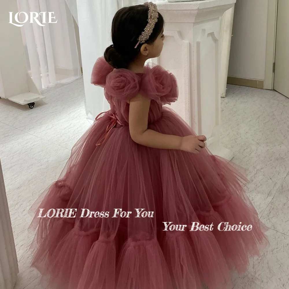 LORIE Baby Toddler Puff Sleeve Tulle Bow A-Line Tutu Twirly Babydoll Flare Ball Gown Princess Flower Girl Dress