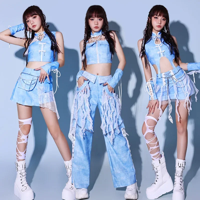 2024 Chinese Stijl Jazzdansvoorstelling Kostuums Voor Vrouwen Groep Gogo Dansers Outfits Blauw Kpop Kleding Stadium Slijtage S-XL