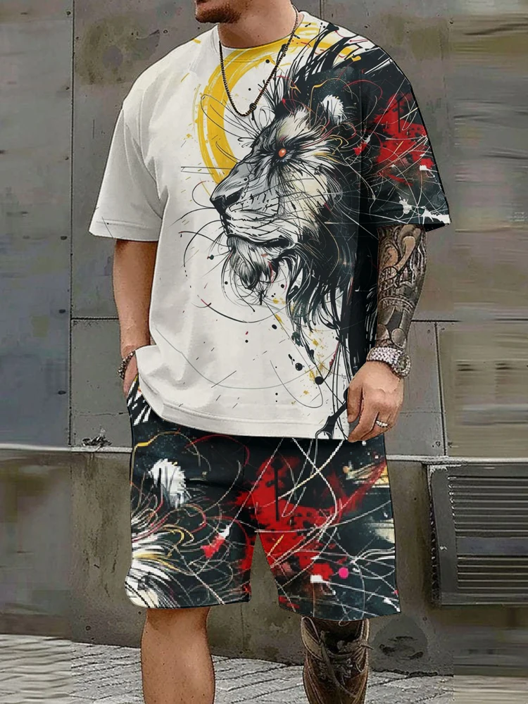 Casual Fashion Men's Short-sleeved Shorts Suit Majestic Lion Print Personalized Trend Two-piece Set Comfortable And Breathable