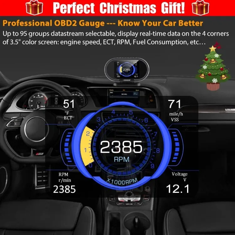 KW206 Car OBD2 HUD Digital Meter Gauge All in One Automotive Trip Computer Smart OBD Speedometer Water Temperature Fuel