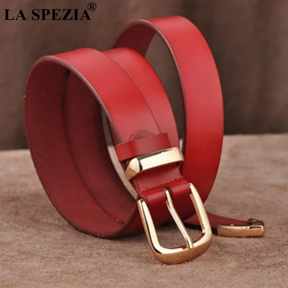 LA SPEZIA Red Genuine Leather Women Belt Golden Buckle Waist Belts Female Fashion Jeans Belt Ladies Pin Buckle Black Coffee