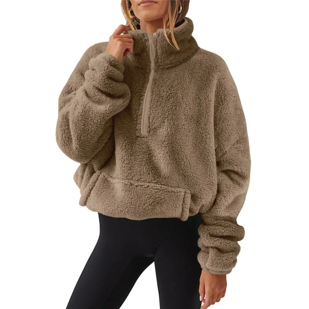 Suéter de cuello alto Sherpa para mujer, jersey de lana de peluche, Tops mullidos con cremallera 1/3, ropa de calle de invierno para mujer