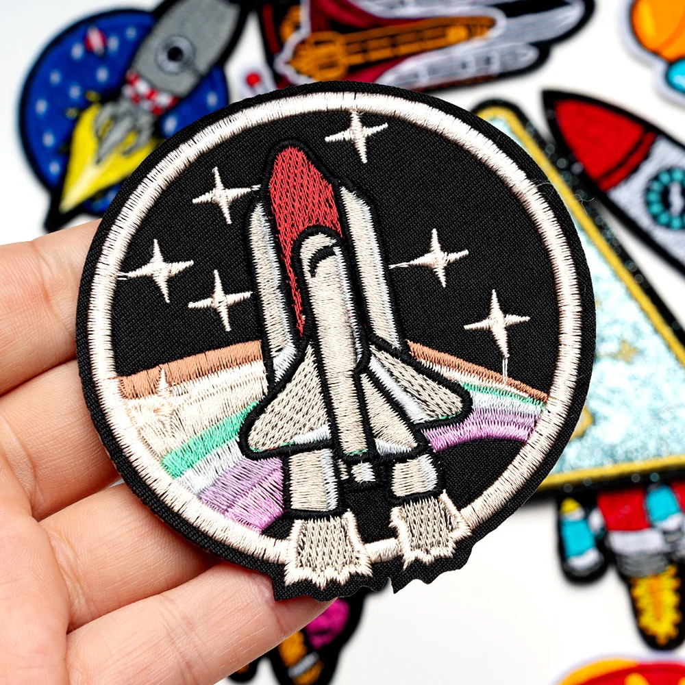 Cartoon Space Shuttle Embroidered Cloth Appliques Colored Planet UFO Rocket Small Iron-on Patches for Children Garments DIY Deco