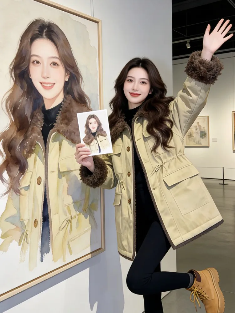 

Корейская утепленная рабочая куртка с флисовой подкладкой, женское пальто с отложным воротником из искусственного меха ягненка, зимняя верхняя одежда