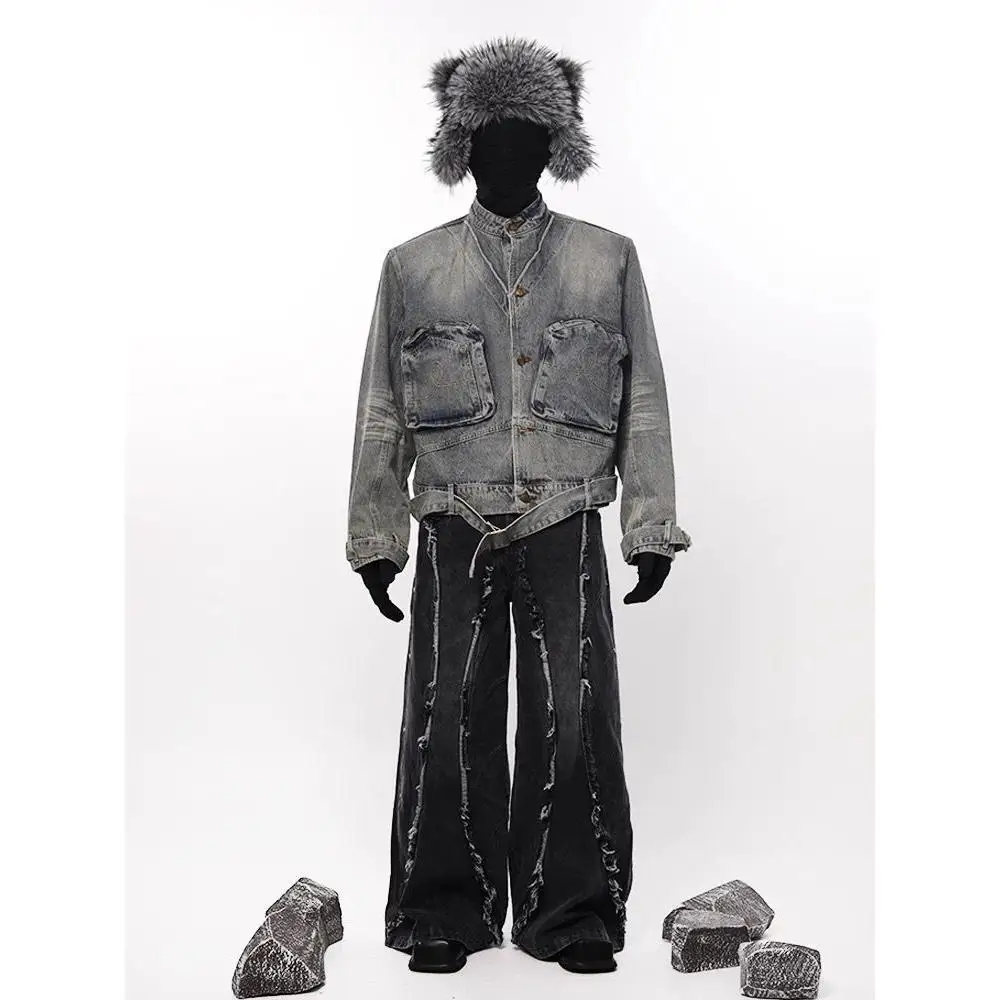 

Американский Sle Лоскутный дизайн Двойная плиссированная джинсовая куртка Ретро Винтаж Японский Sle Молодежная мода Городской хлопок Po...