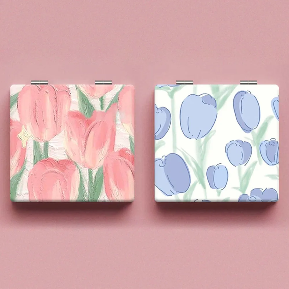 Espejo de maquillaje de tulipán de bolsillo, espejo cosmético cuadrado de rosa, espejo plegable de mano para pintura al óleo, accesorios de maquillaje