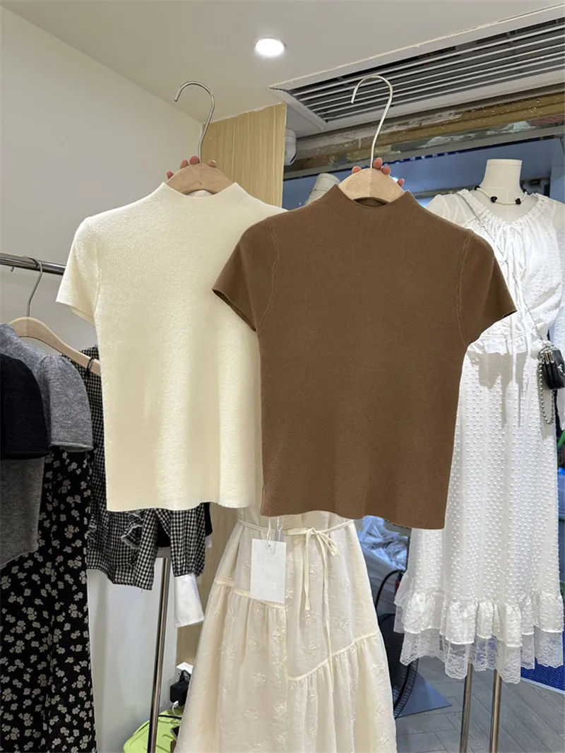 

Slim Fit High Collar Short Sleeve Knitwear Pure Color Commute Style Korean Version Early Spring New Arrival Versatile Casual Top