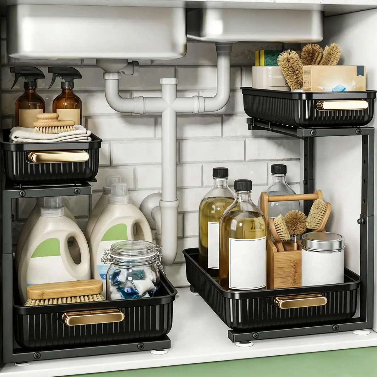 

Under Sink Organizer - 2 Packs Multi-Purpose Pull-Out Storage Organizers, Slide out Pull out Cabinet Organizer Shelf, Storage