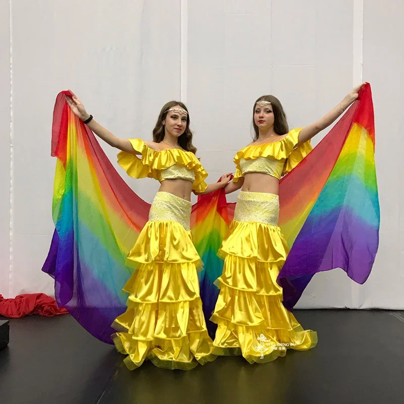Promotion vente chaude voile de soie de danse du ventre pour enfants adultes écharpe lancée à la main 100% soie dégradé couleur danse du ventre foulard en soie