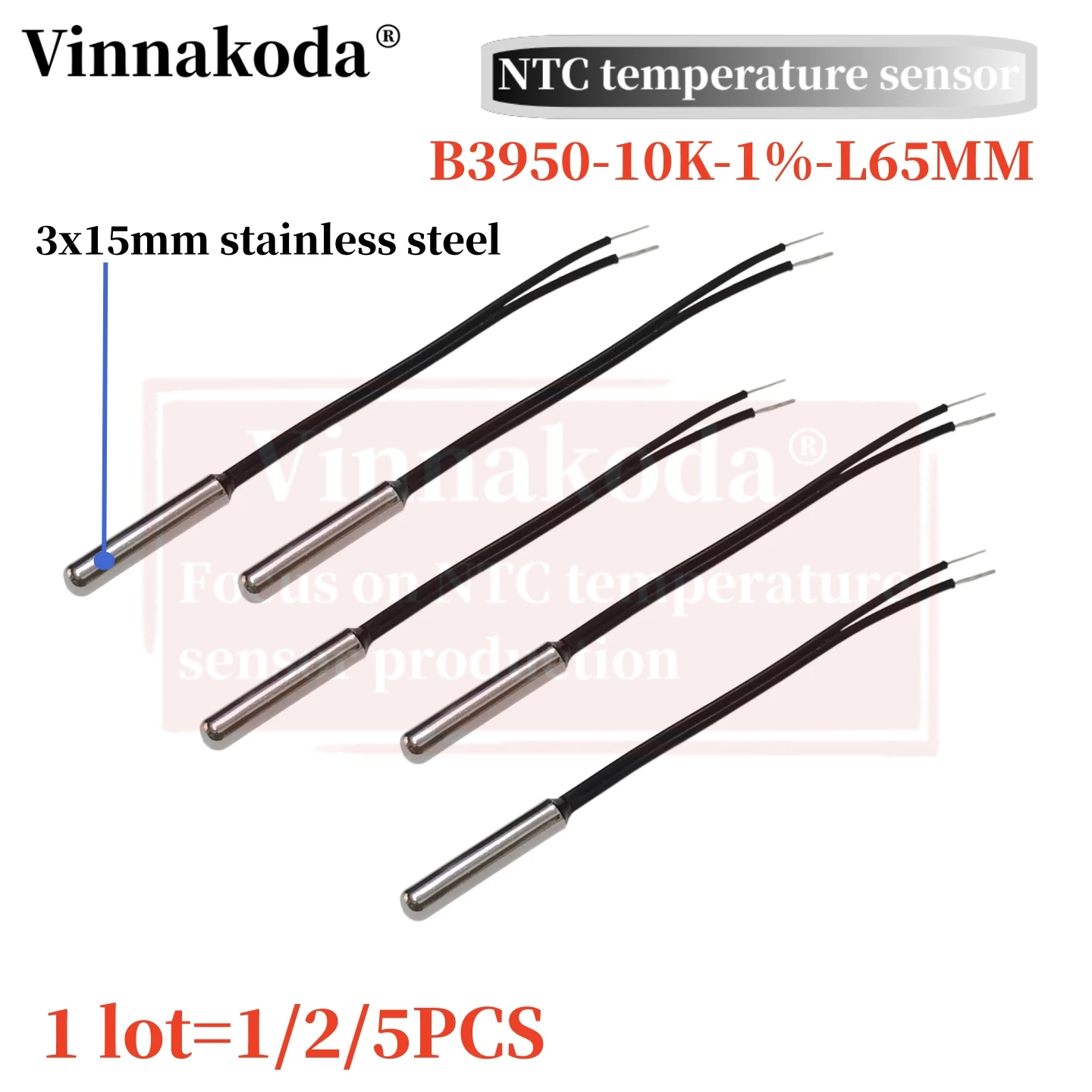 

1/2/5PCS NTC thermistor temperature sensor B3950 10K 1% L65MM 3x15MM Stainless steel cylinder-shaped