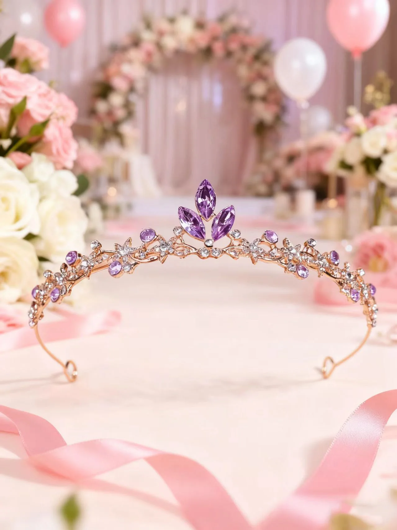 Light Luxury Pink Rhinestone Crown, Gold Leaf-Shaped Crown for Girls' Birthday, Bridal Wedding Dress Princess Hair Crown Headpiece image 6