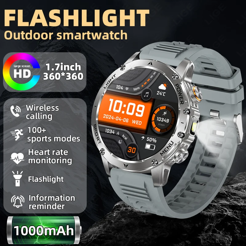 

2026 New 1000mAh Large Battery Durable Adult Smart Watch Outdoor Strong Flashlight IP68 Waterproof BT Call Sports Smartwatch Men