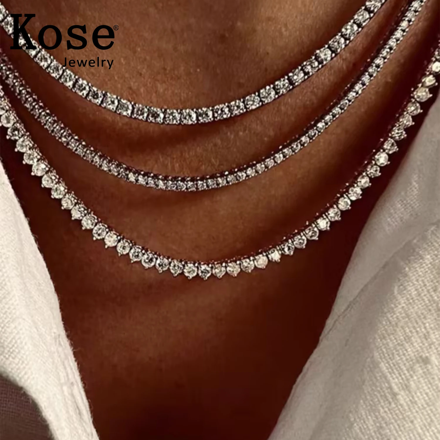 KOSE Hip Hop Jewelry Cubic Zirconia Iced Out Tennis Chain Sparkling Necklace for Men and Women