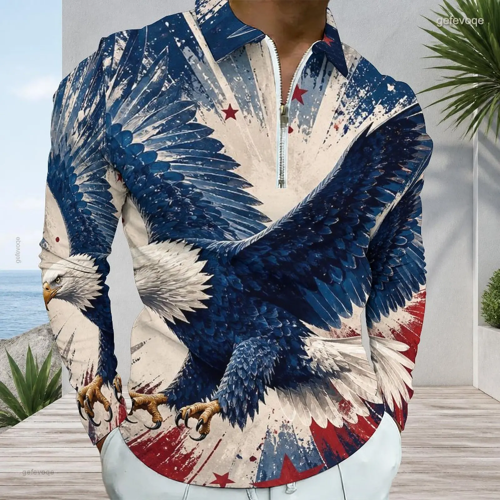 Men Printed Bald Eagle Patriotic Red White Blue Long Sleeve Quarter Zip Collared Polo Shirt