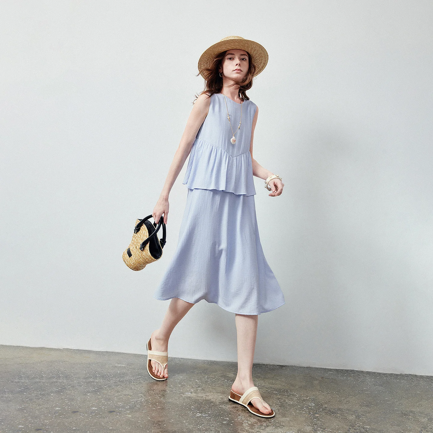 TOYOUTH Women Dress 2026 Summer New Linen Blend Sky Blue Double Layer Cake Crew Neck High Waist Tank Dress Casual Dresses