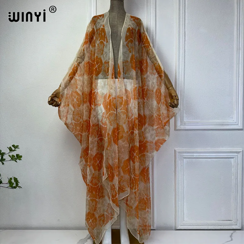 WINYI print kimono Bikini Cover-ups boho maxi dress Perspective sexy loose Holiday beach outfits for women free size Cardigan