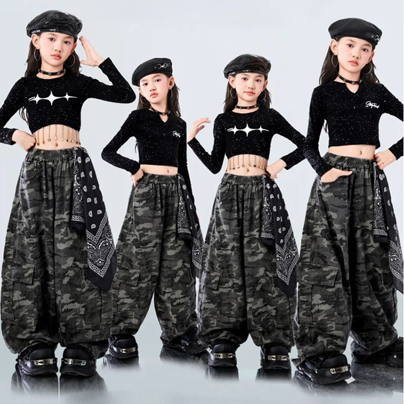 

Детская одежда в стиле хип-хоп Kpop, черная, серебристая, укороченная футболка с длинными рукавами, камуфляжные уличные мешковатые брюки для девочек, танцевальные костюмы, одежда