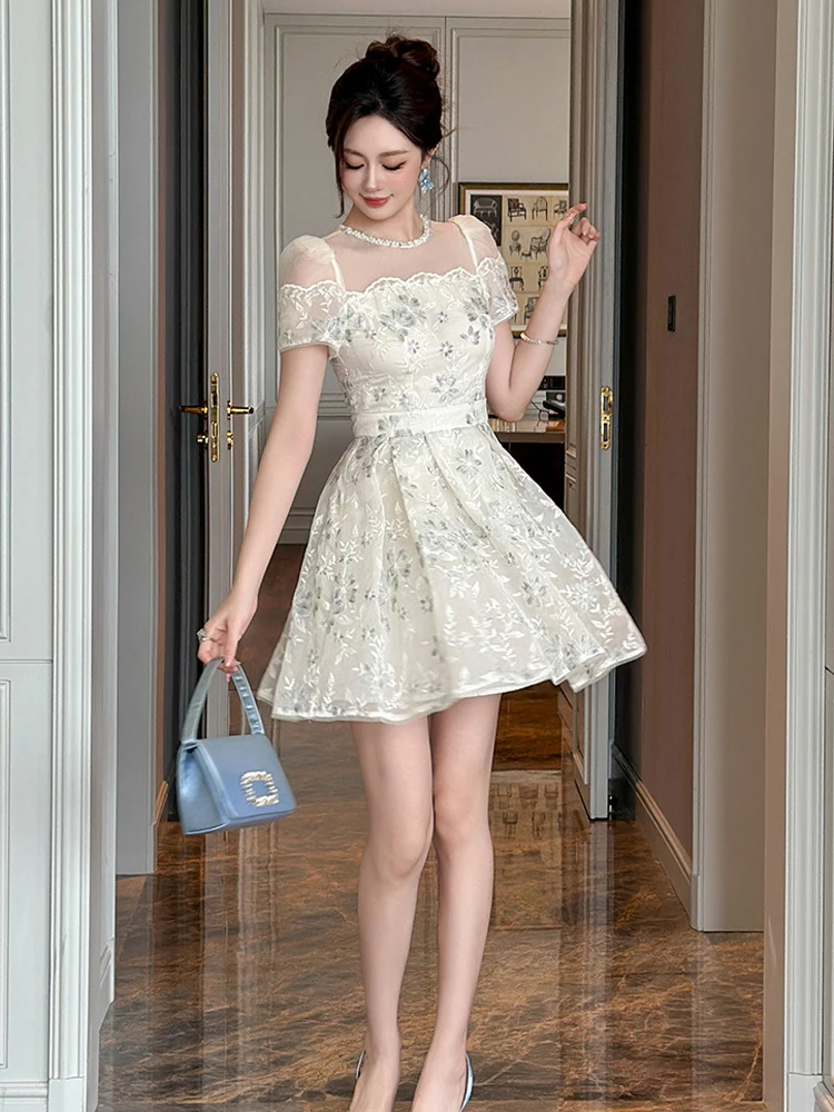 Vrouwen Kleding Zilverachtige Heldere Zijde Bloemen Korte Jurk Elegante Sexy Off-Shoulder Slanke A-lijn Mini Vestidos Zoete Formele Party prom