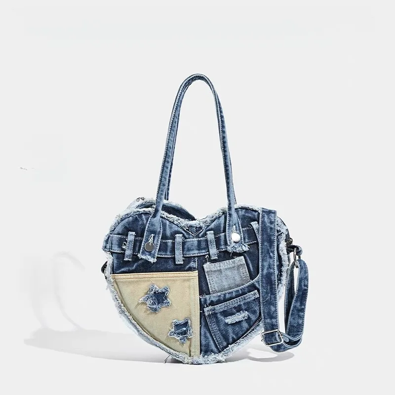 

Y2K Distressed Denim Heart Shaped Tote Bag 2-Color Washed Crossbody Purse with Frayed & Star Patches Casual Streetwear Shoulder