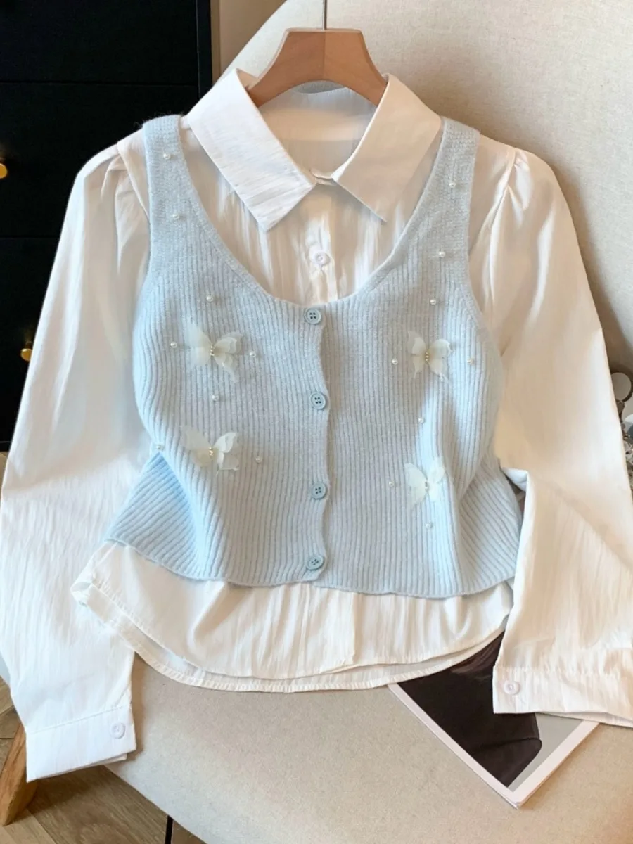 

Heavy Embellied Knitted Vest Long Sve Collar Two-Piece Set Women's Commute Sle Straight Cut Button Detail