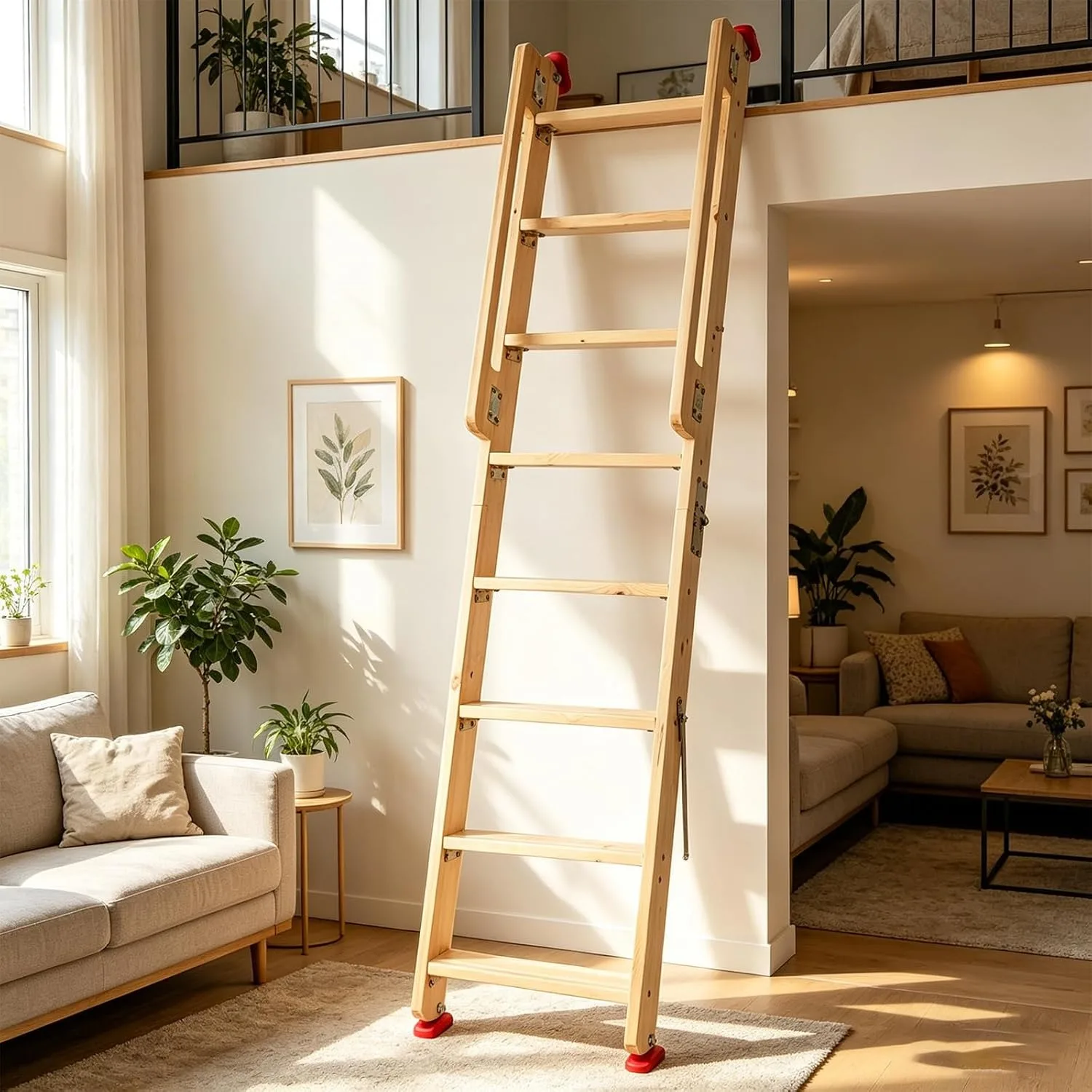 6.5ft Folding Wooden Loft Ladder, 8 Steps Rolling Library Ladder with Dual Handrails, Industrial Style SolidWood Step Ladder, Portable Loft Attic Ladder, 660LBS, for Attic, Warehouse, Library