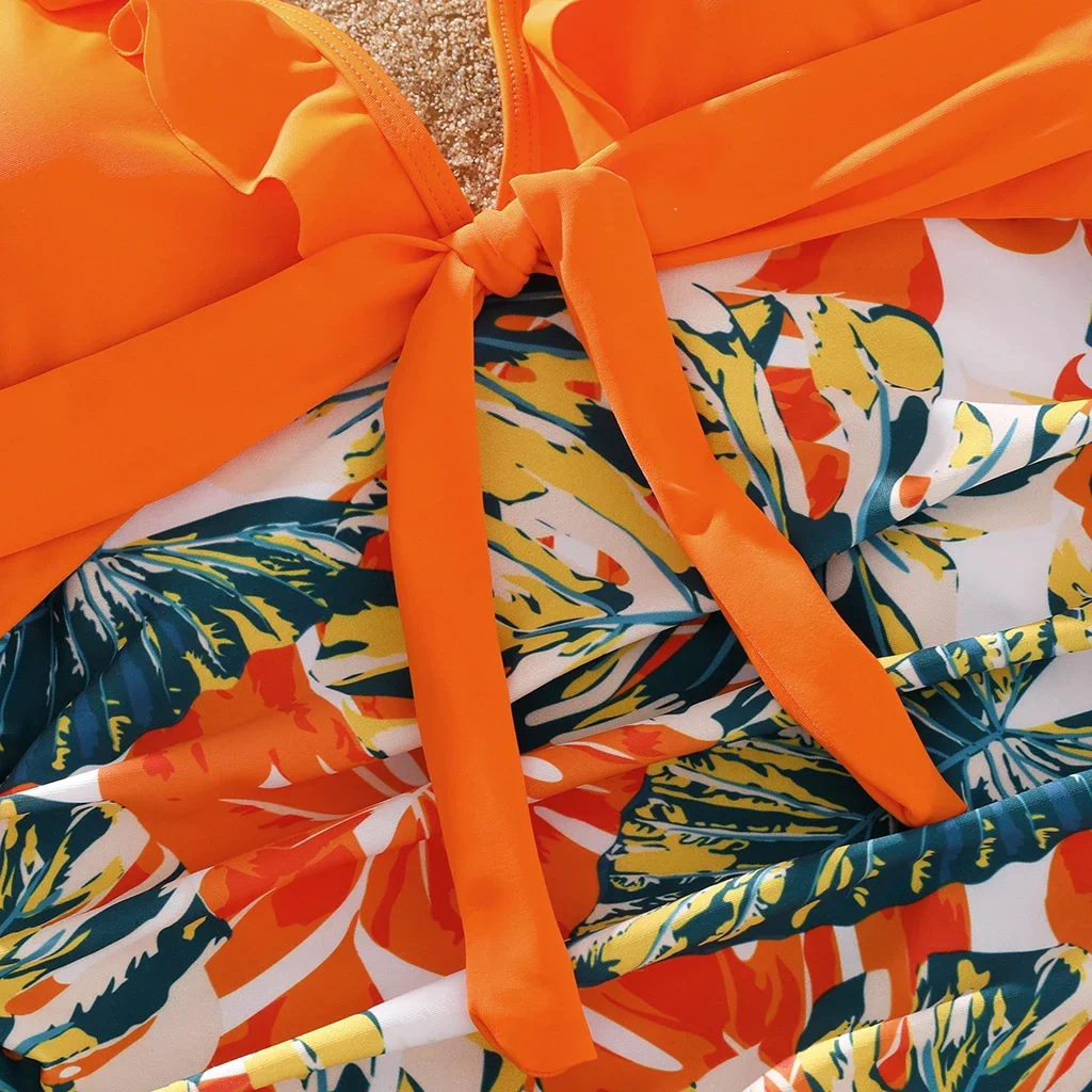 PatPat Family Matching Swimsuit Orange All Over Tropical Plant Print Splicing Ruffle One-Piece Swimsuit and Swim Trunks Shorts