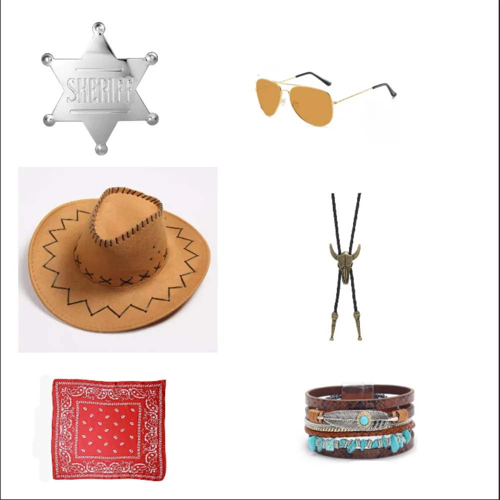 

PESENAR Western cowboy style complete set of accessories including hat necklace sheriff badge bracelet and handkerchief