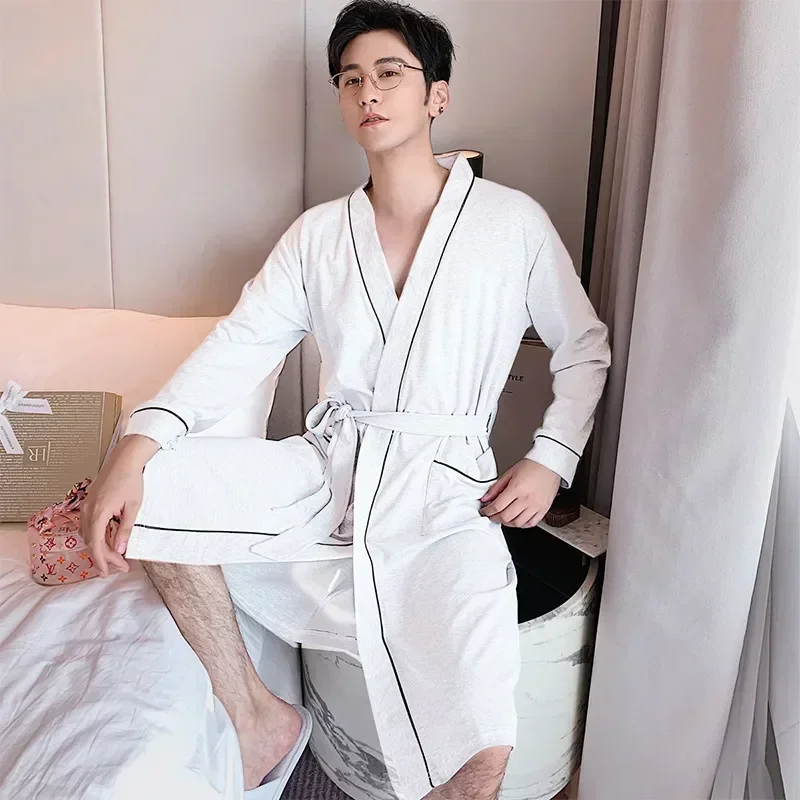 Además, bata cómoda de talla 3XL, ropa de dormir para hombre, albornoz informal con cuello en V, ropa de dormir gris de algodón para otoño y primavera para hombre