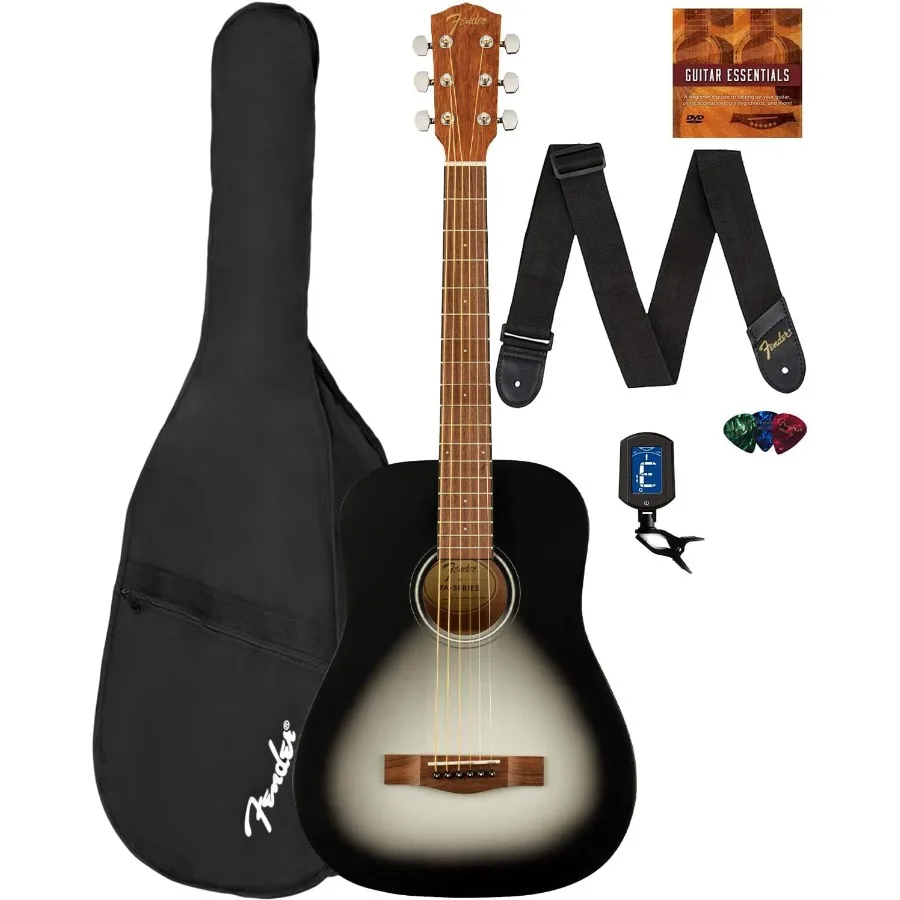 Guitarra acústica de cuerdas de acero a escala 3/4 FA-15 en ráfaga de luz de luna con correa afinadora Gig Bag, púas de acceso a lecciones en línea y Aus