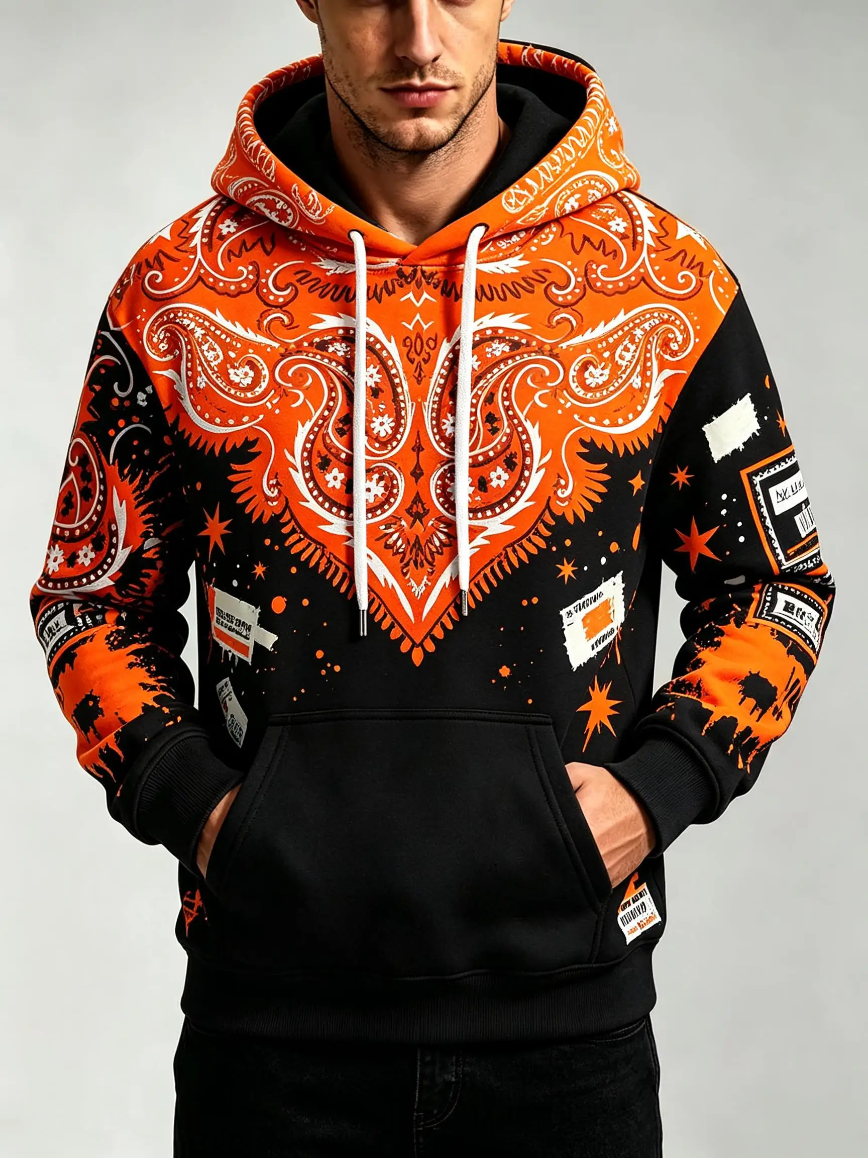 2026 Men's Hoodie thin Autumn Winter Black Orange Paisley Splash Full Print Street Drawstring Pullover Clothes