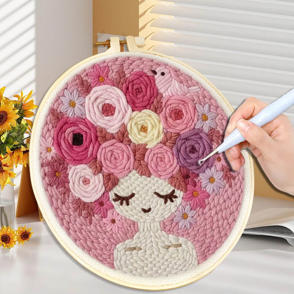 

CHENISTORY Punch Needle Kit Floral Girl Punch Needle Embroidery Frame Starter Set Needlework Cross Stitch Kits for Adults 20x20c