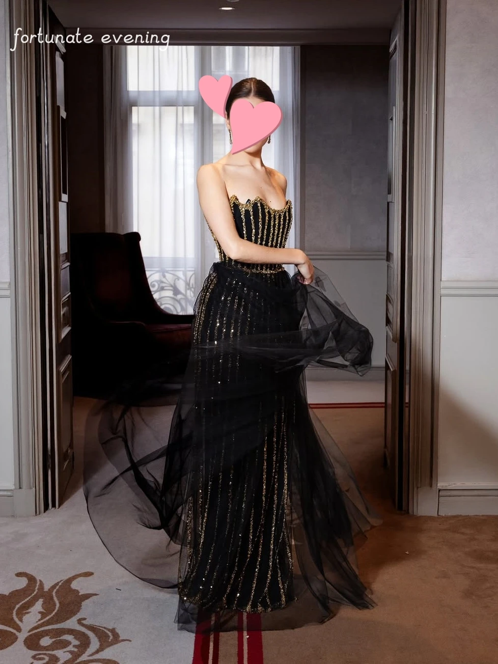 

Fortunate Evening Elegant Vintage Sexy Black Gold Beads Shiny Strapless Customize Formal Occasion Prom Dress Evening Party Gowns