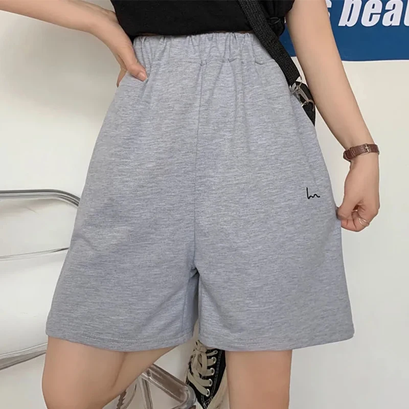 Summer Gray Shorts Women Fashion Ladies Elastic Waists Shorts Female High Waist Streetwear Wide-leg Oversize Simple Unisex Short