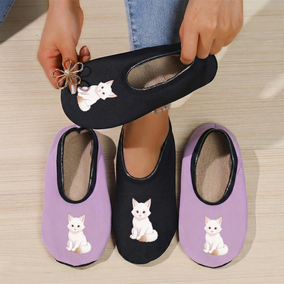 Four season wearable women's cute cat print suede breathable high elasticity indoor anti slip floor slippers