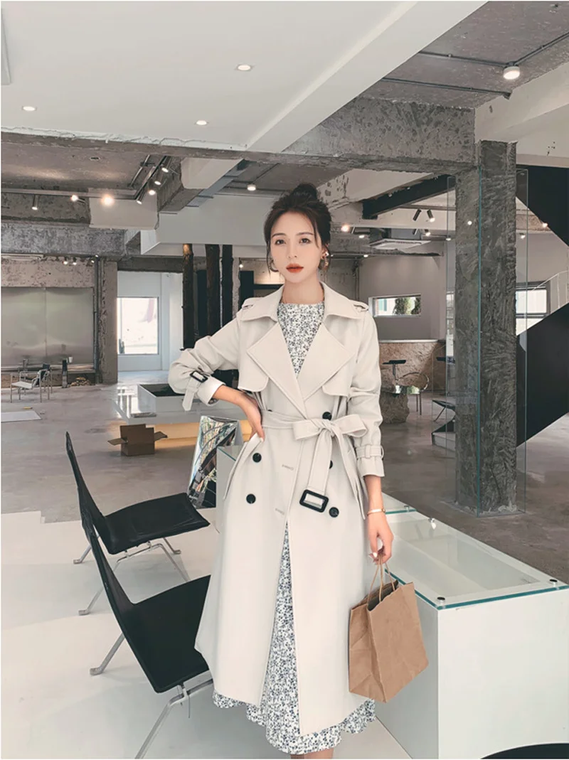 Factory Fashion Korean Over Knee Turn Down Collar Woman Ladies Coats Soild Color Thinny Windproof Spring Women Trench Coat Long