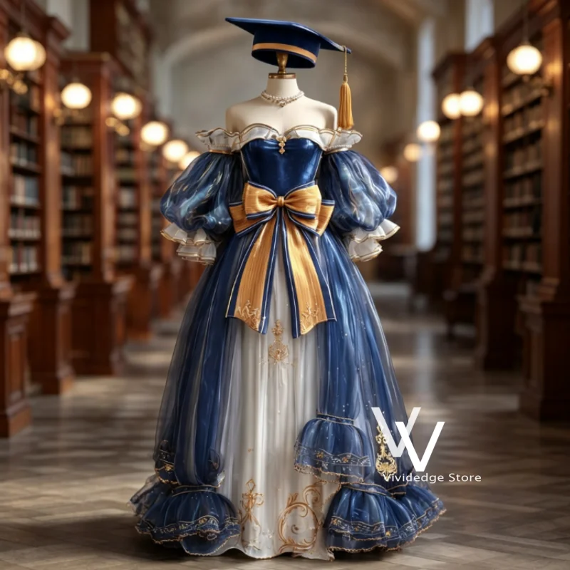 Navy Blue Graduation Princess Ball Gown Off Shoulder Puff Sleeve Tulle Big Bow Fantasy Cos Dress Customized Vestido De Fiesta