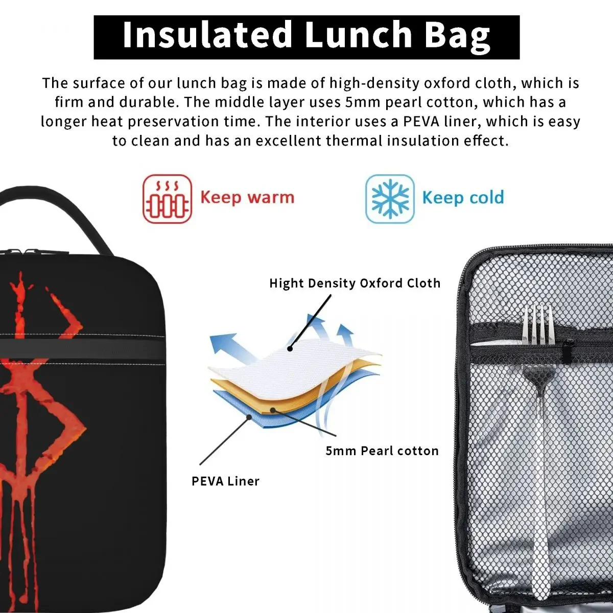 Berserk Sacrifice Mark Demon Insulated Lunch Bags for Outdoor Picnic Sword And Magic Comics Thermal Cooler Bento Box Women Kids