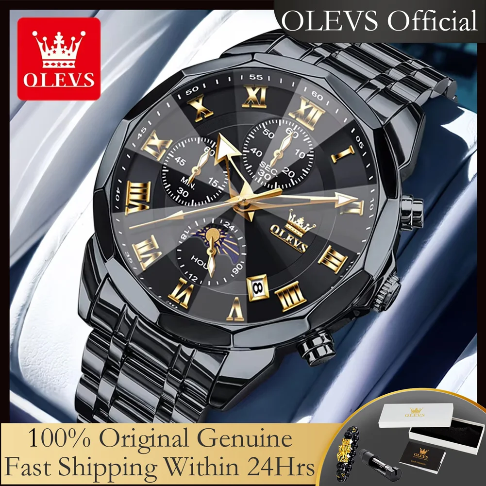 

OLEVS 3675, оригинальные кварцевые часы для мужчин, хронограф с фазой Луны, водонепроницаемые мужские часы, топ, роскошные модные мужские часы с ромбом и зеркалом